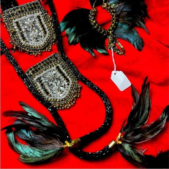 Handmade Bejeweled Necklace Double Medallion Long Tribal Feather Multi Strand - Picture 5 of 10